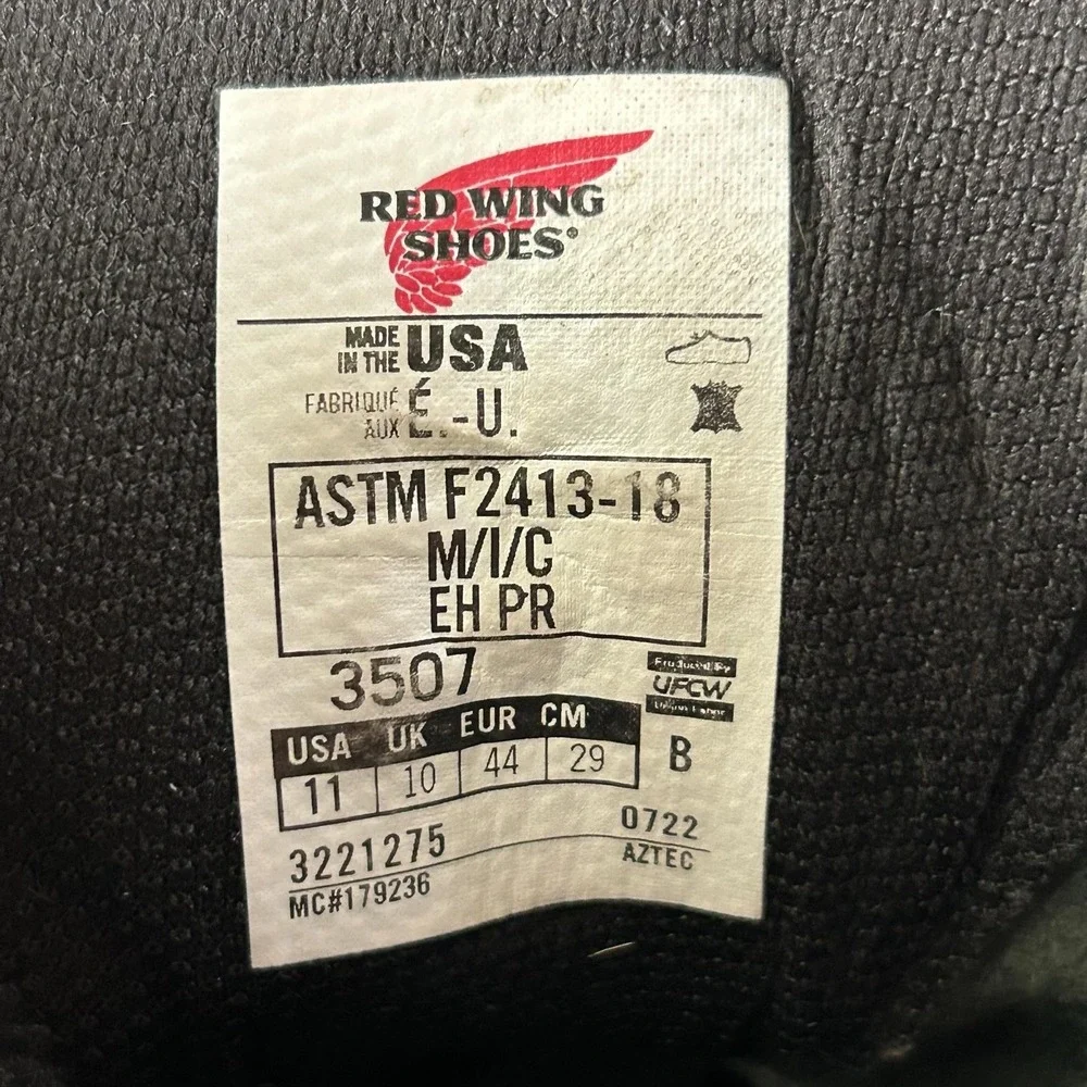 Red Wing Boots Mens Size 11B Black Leather Work Safety Toe EH 3507 USA